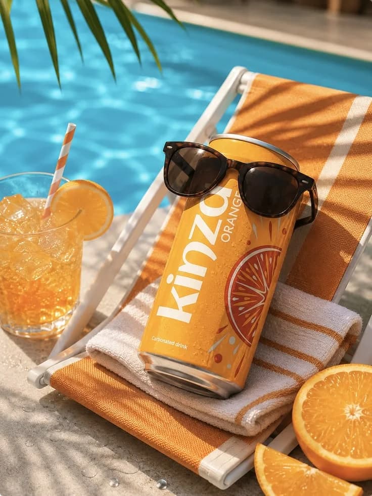 Kinzo can poolside with sunglasses and citrus