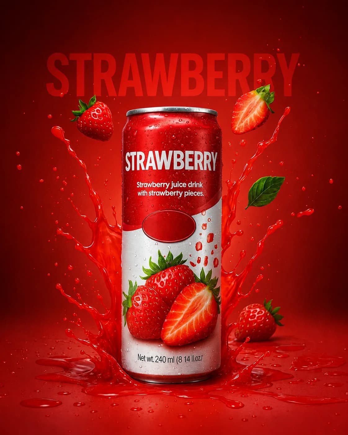 Strawberry soda can with fresh strawberries