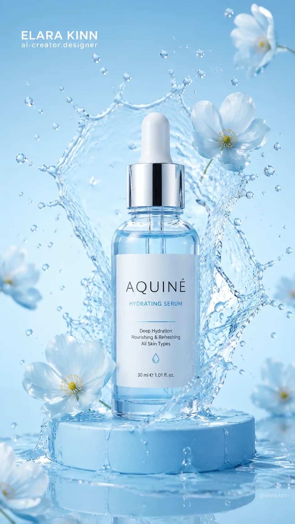 Aquine serum bottle on blue with a water splash