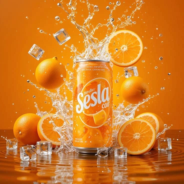 Sesla orange soda can with ice and orange slices