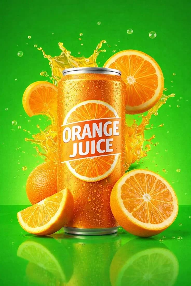 Orange juice can with orange slices on green