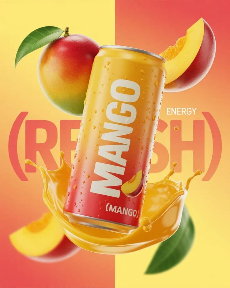 Mango energy drink can on a split red and yellow backdrop
