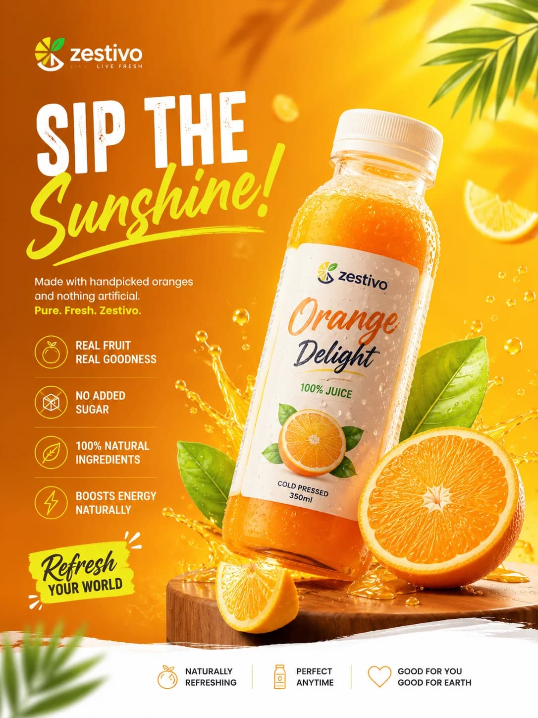 Zestivo Orange Delight juice bottle with fresh oranges