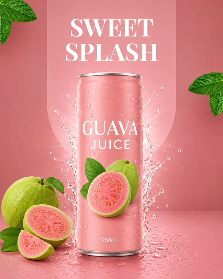 Sweet Splash guava juice can with fresh guava