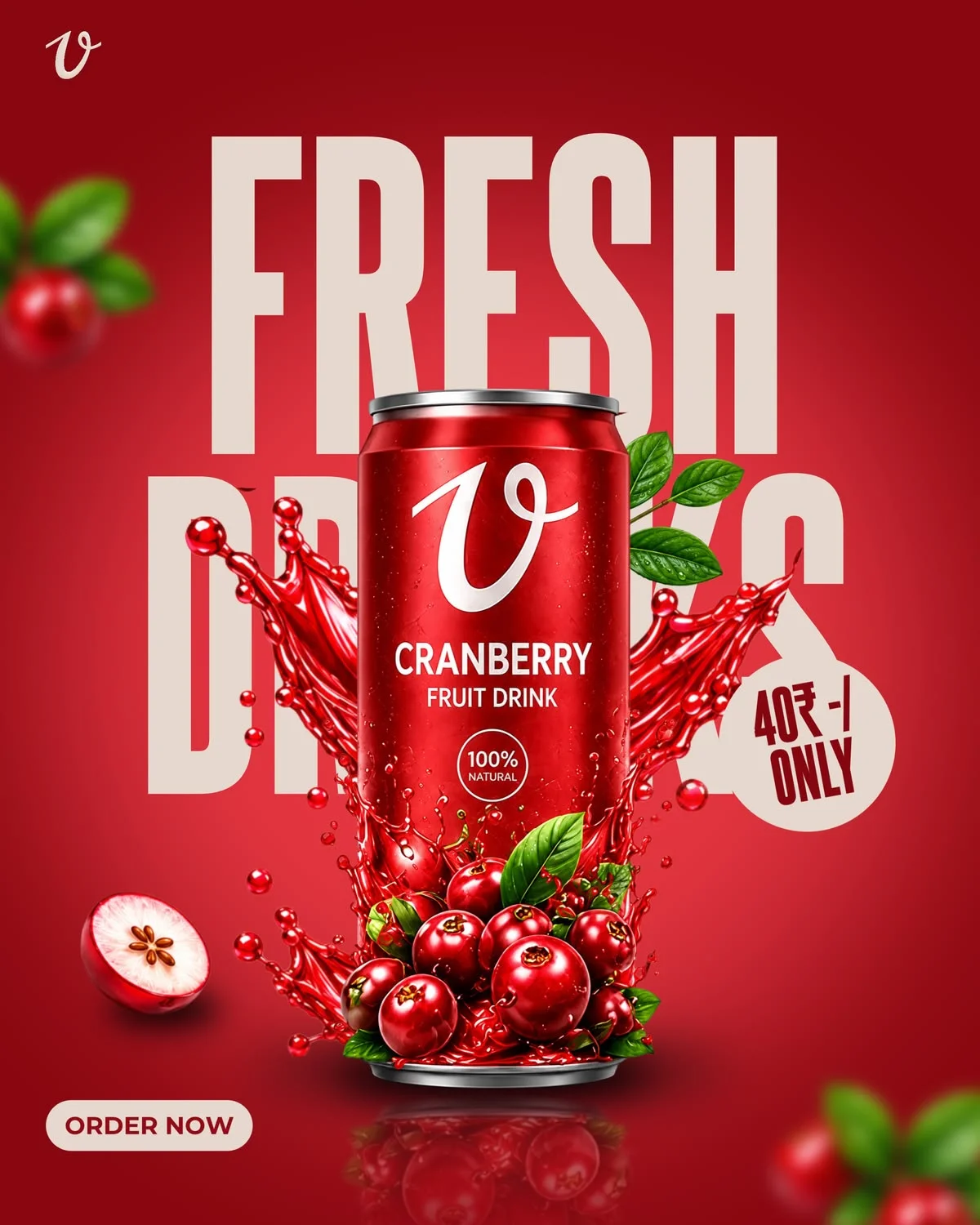 Cranberry fruit drink can in a Fresh Drinks layout