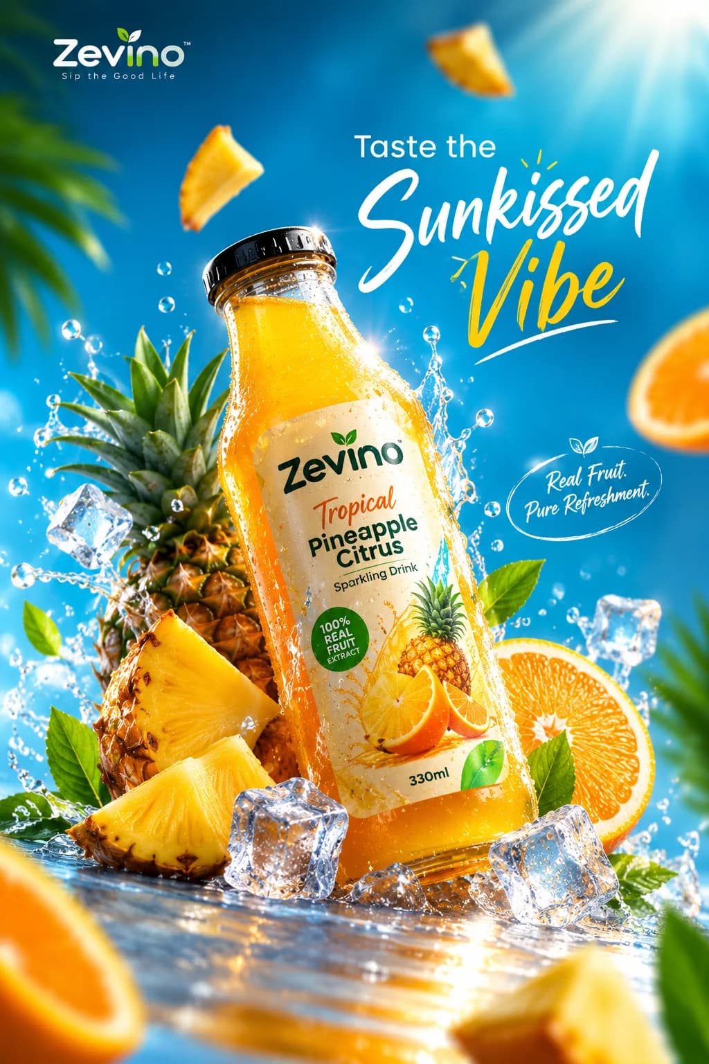 Zevina tropical pineapple juice bottle with pineapple and ice