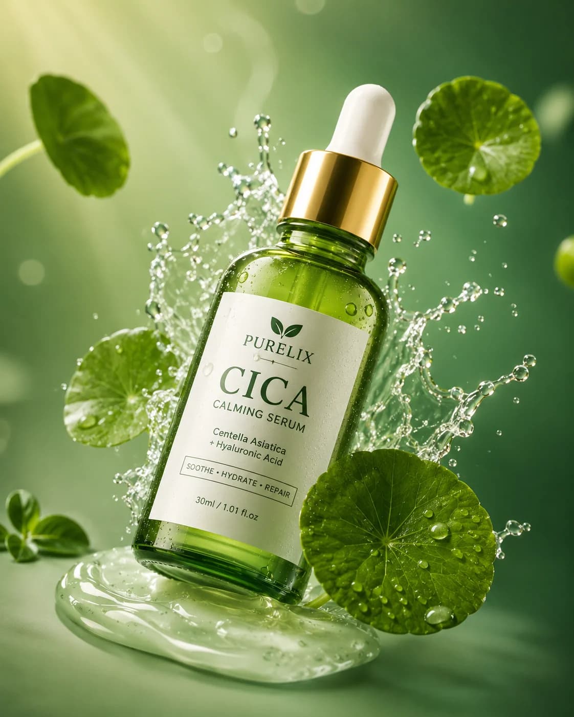 Cica facial serum dropper bottle with limes and mint