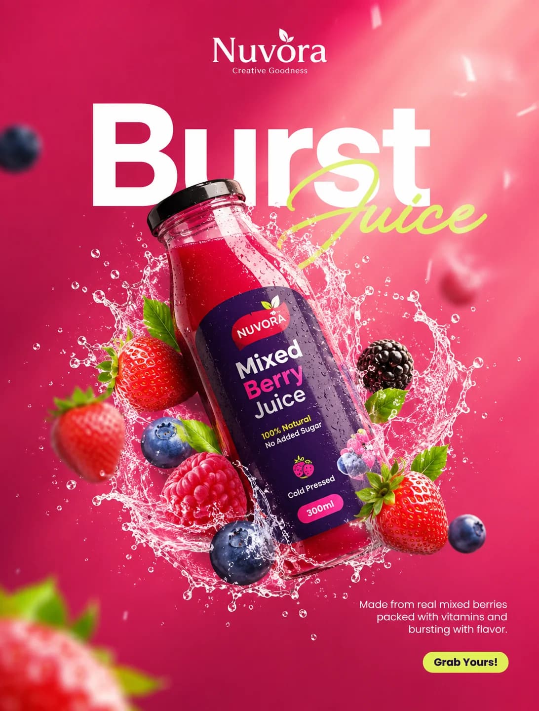 Nuvora mixed berry juice bottle on magenta
