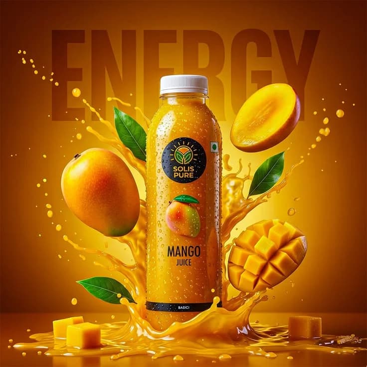 Mango juice bottle against an Energy backdrop