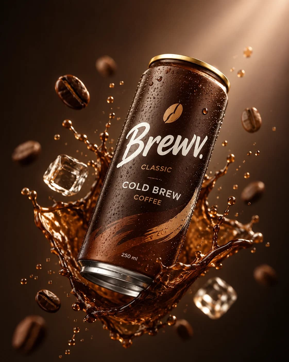 Brewy cold brew coffee can with ice and a coffee splash