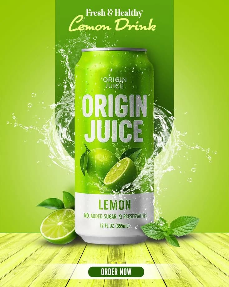 Origin Juice lemon drink can with limes and mint