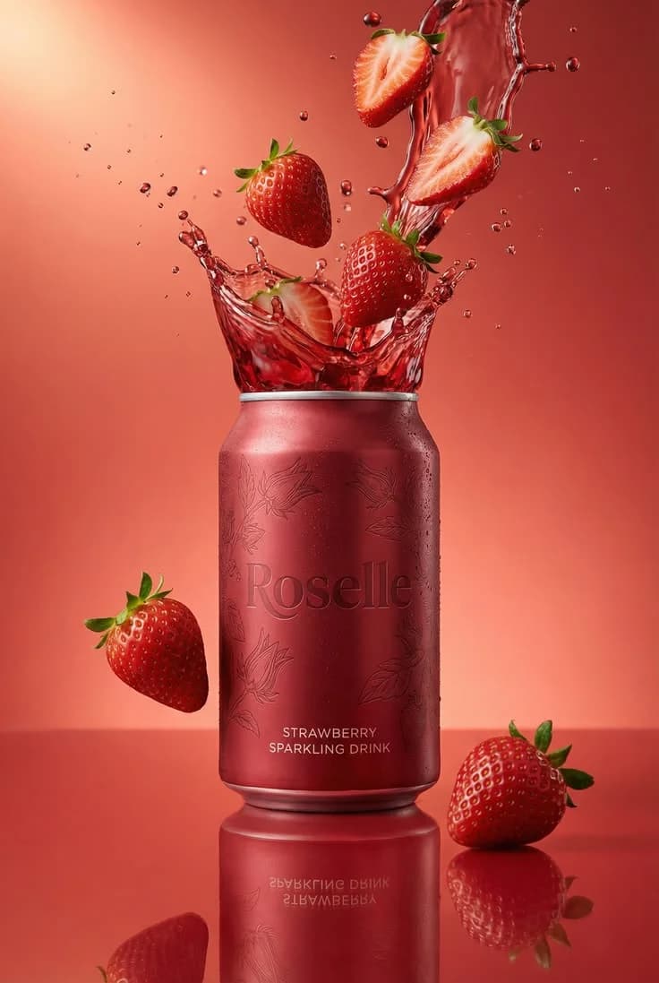 Dark berry drink splashing in a glass with strawberries