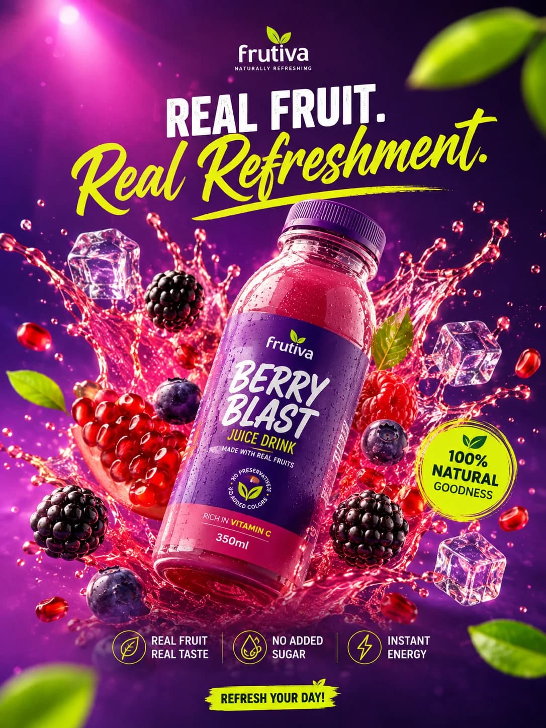 Frutiva Berry Blast bottle bursting out of mixed berries