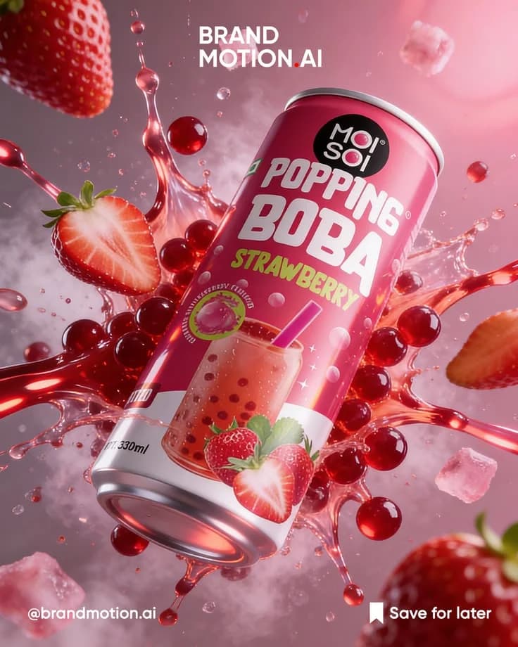 Popping Boba strawberry drink can with berries