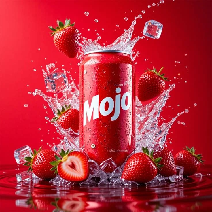 Mojo cola can in a strawberry splash